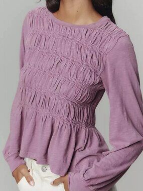 Pilcro Long-Sleeve Smocked Top Anthropologie Pullover Ruffle Pink XS